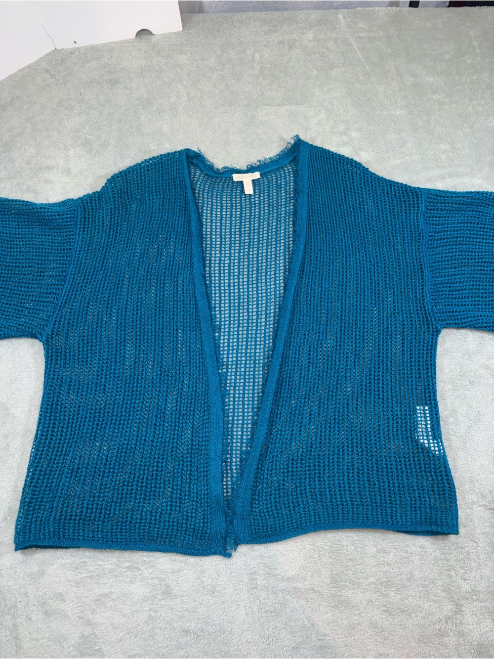 Eileen Fisher Teal Organic Linen Open Knit Mesh Cardigan - Medium